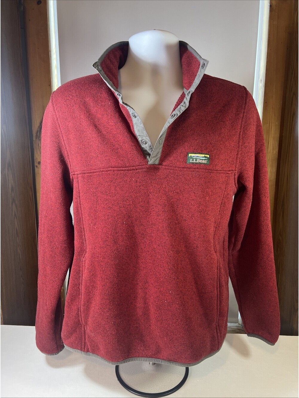 LL Bean Mens Sweater Fleece Pullover Red Heather Snap Neck Item Size Medium Reg